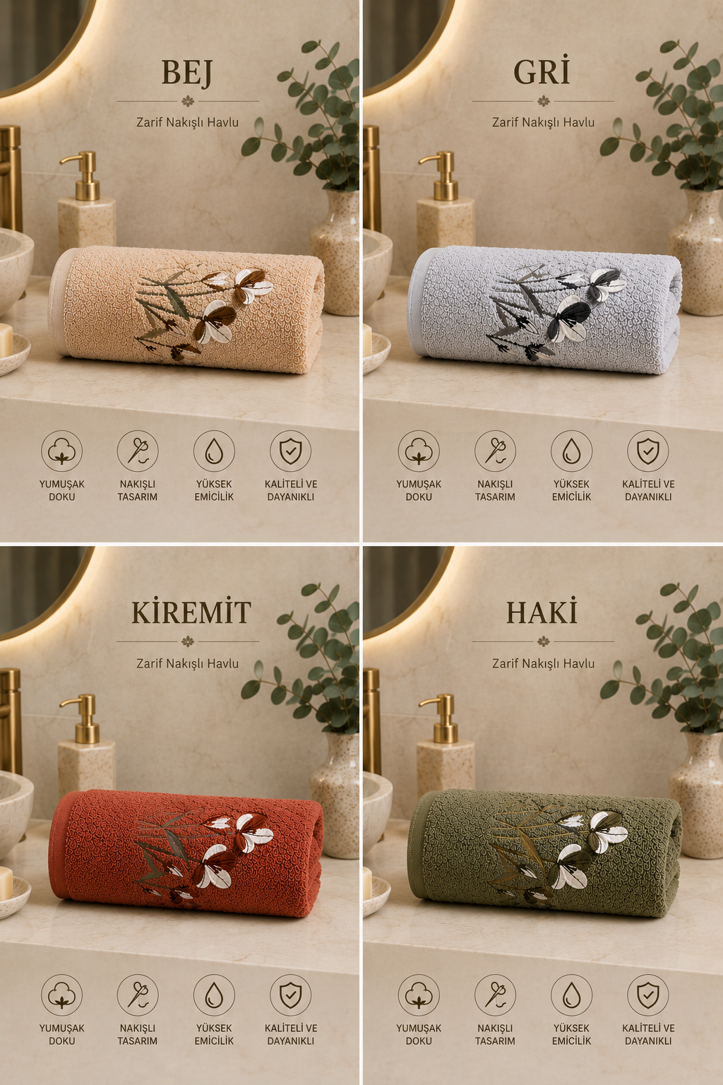 Defne 4’lü 50x85 cm 3D nakışlı havlu seti - görsel 8
