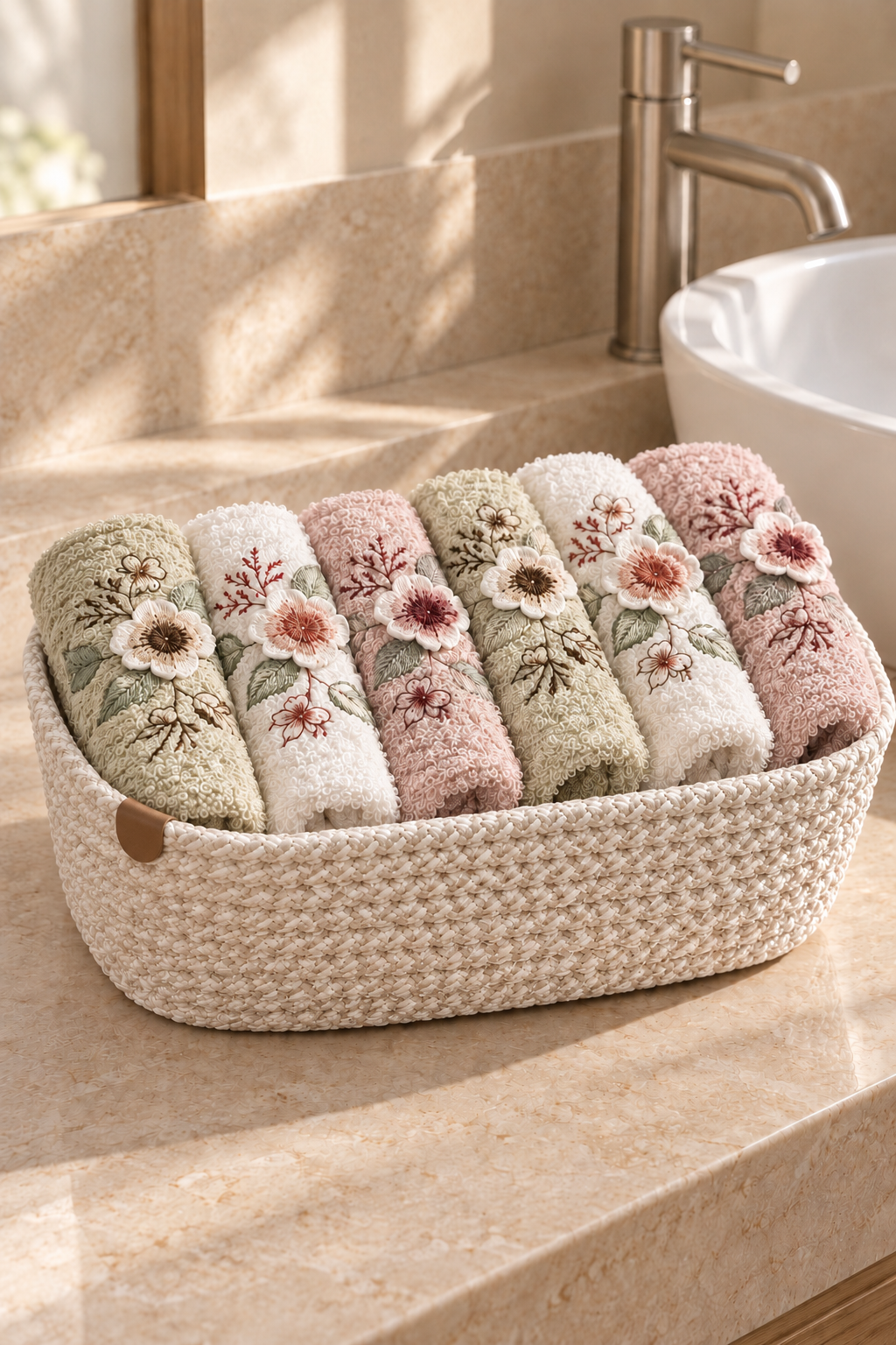 Florina 6’lı 30x50 cm 3D Nakışlı Hasır Sepetli Havlu Seti - görsel 1