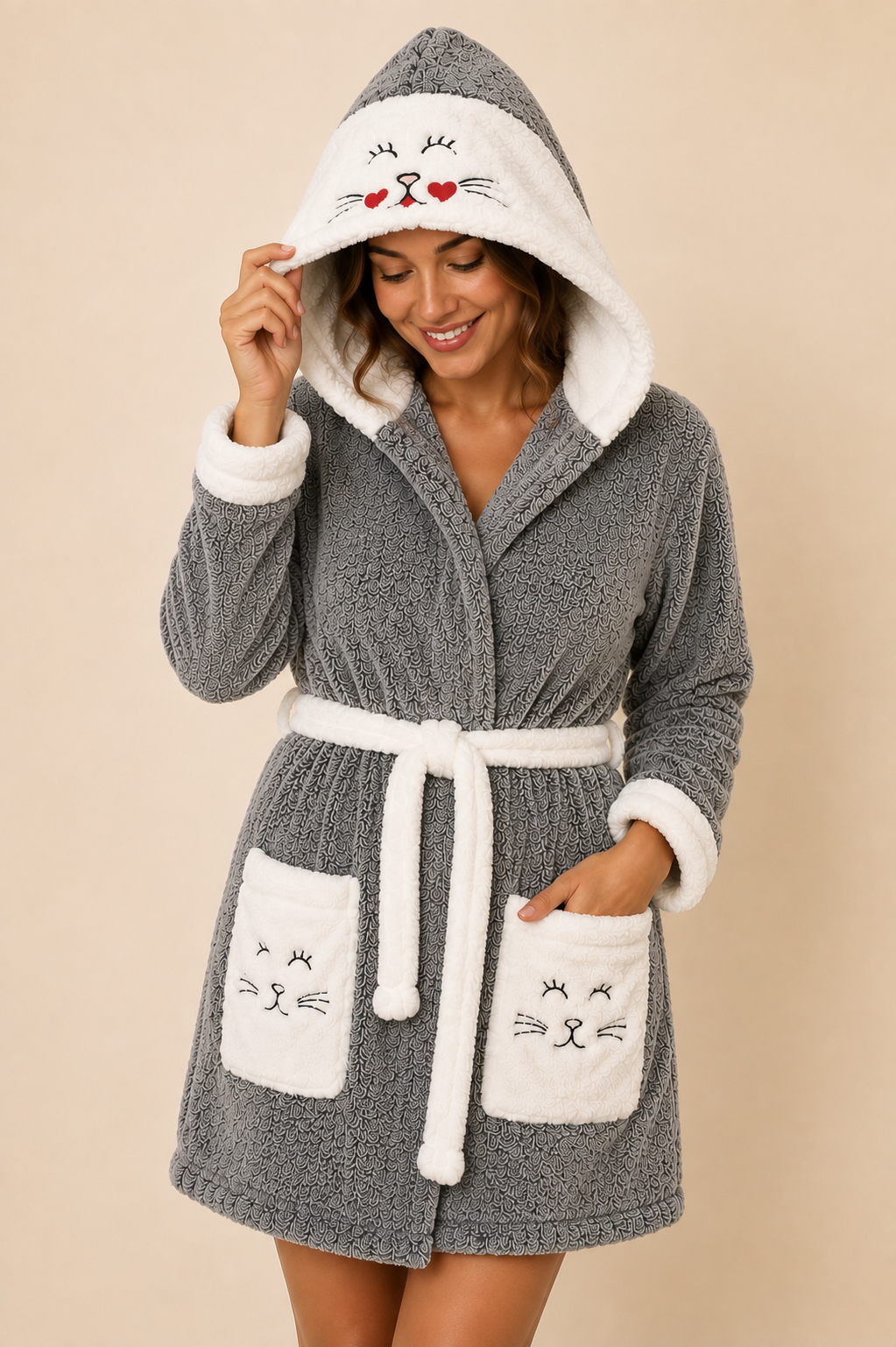 Miu kedi figürlü peluş welsoft kapüşonlu sabahlık - görsel 1