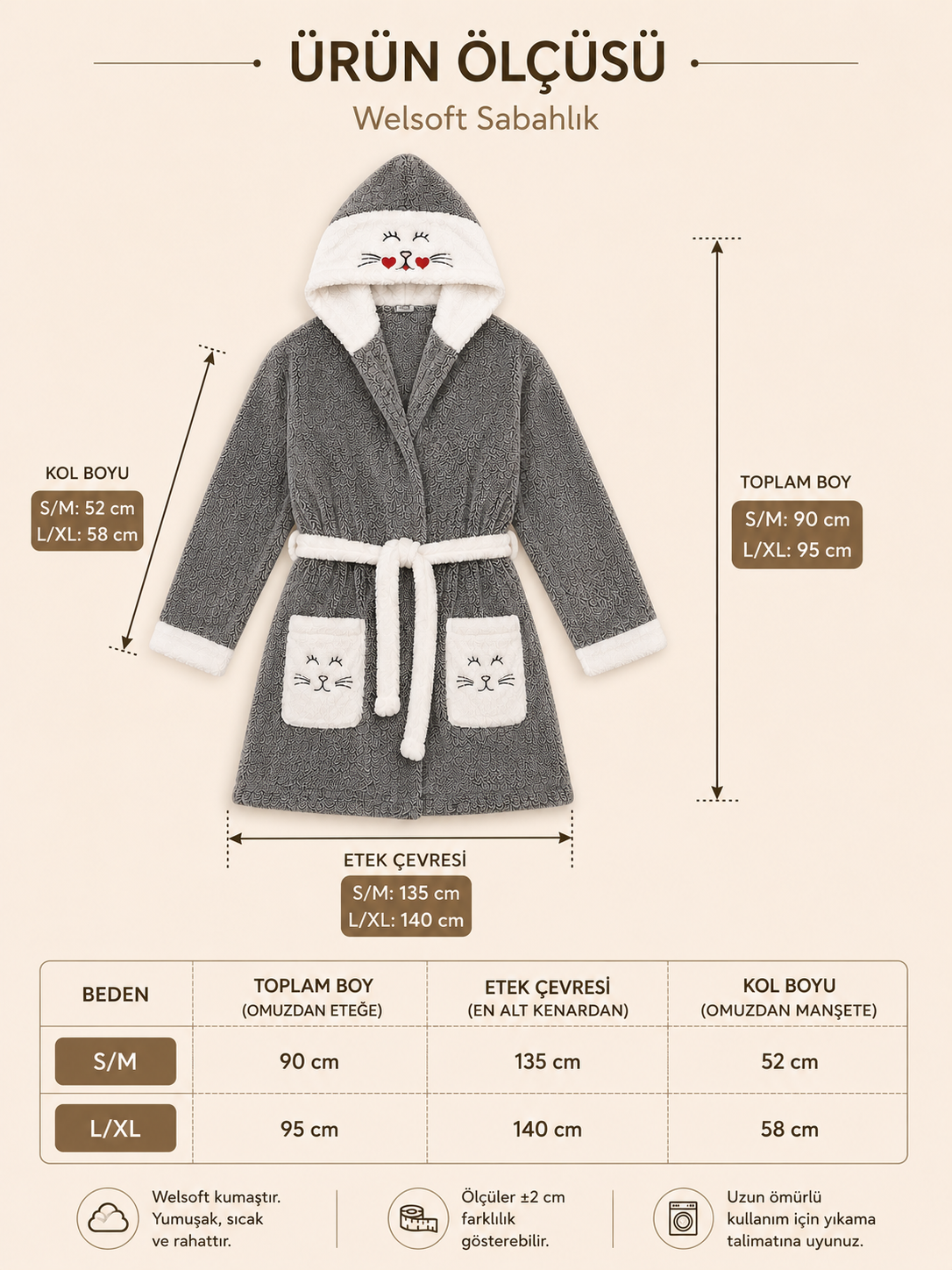 Miu Welsoft Kedi Sabahlık beden ölçü tablosu: S/M ve L/XL