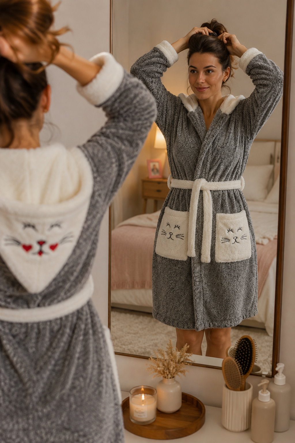 Miu kedi figürlü peluş welsoft kapüşonlu sabahlık - görsel 8