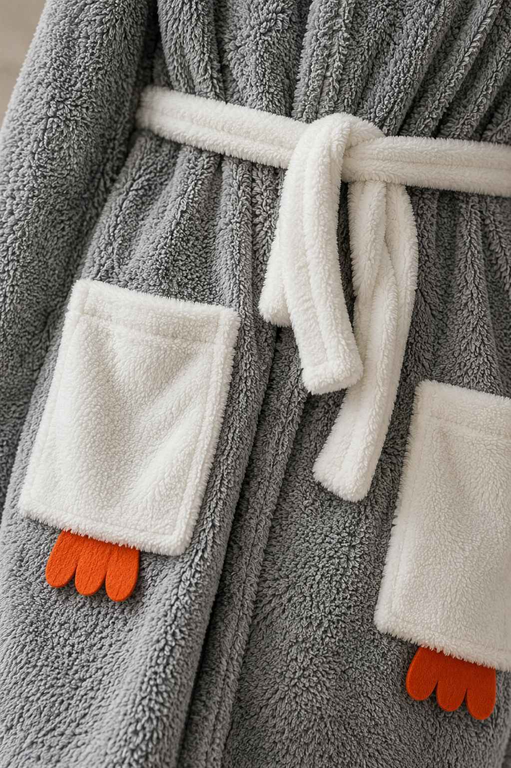 Penguen peluş welsoft kapüşonlu sabahlık - cep ve kuşak detayı