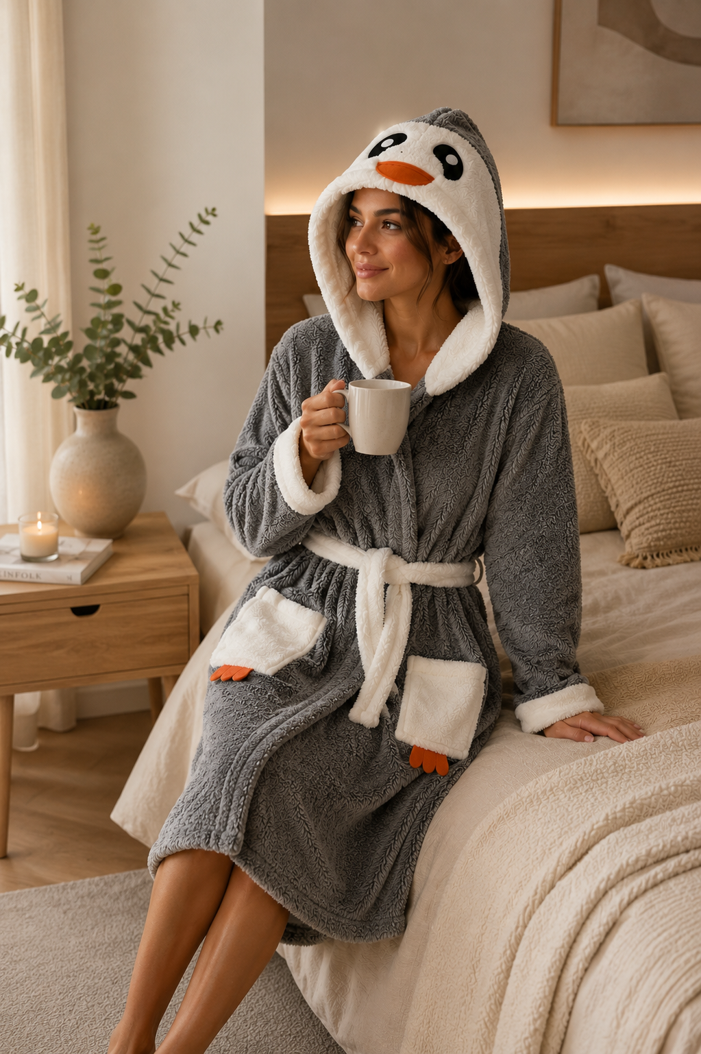 Penguen peluş welsoft kapüşonlu sabahlık - oturarak kullanım