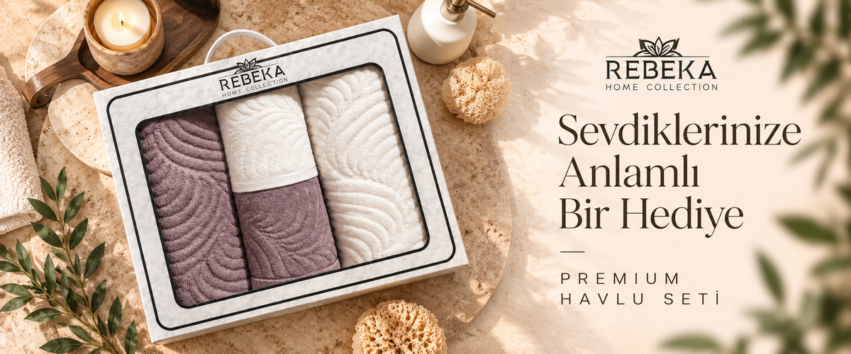 Rebeka Home havlu hediye seti masaüstü bannerı, mürdüm ve krem havlular