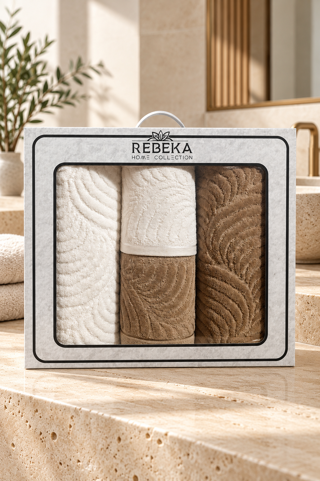 Sarmaşık Kısmi Kadife Hamam Seti Kahve - Krem – 4 parçalı kutulu havlu seti, ana görsel