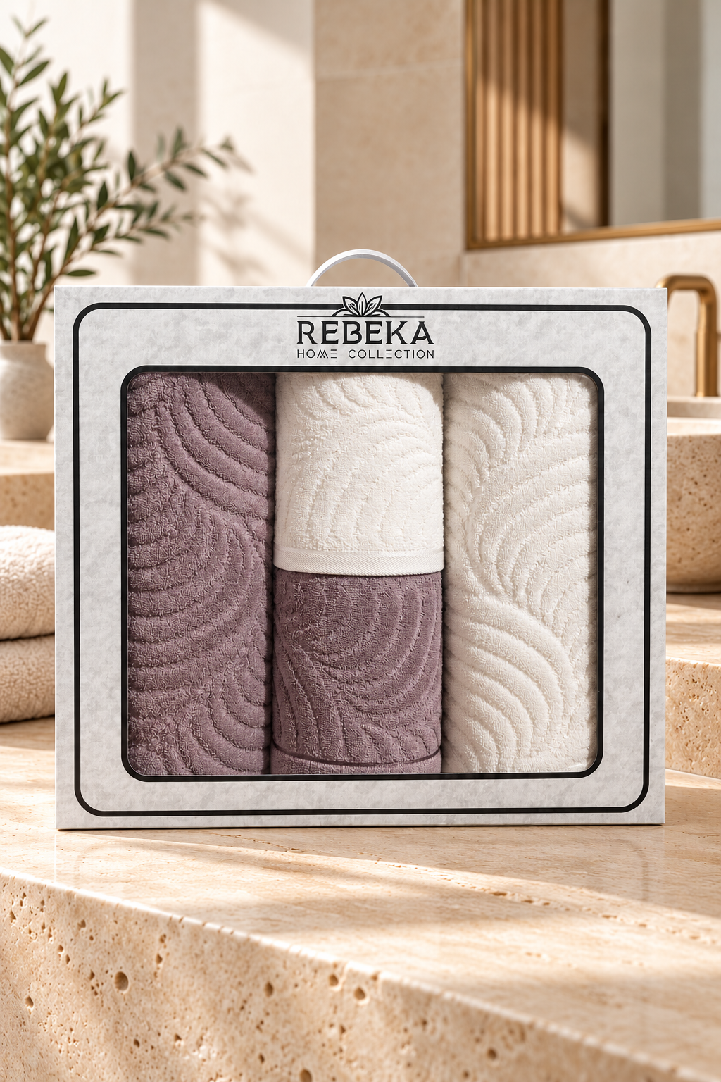 Sarmaşık Kısmi Kadife Hamam Seti Mürdüm - Krem – 4 parçalı kutulu havlu seti, ikinci görsel