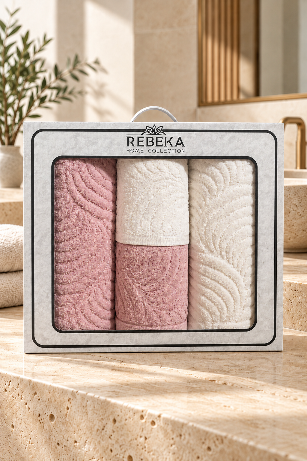Sarmaşık Kısmi Kadife Hamam Seti Pudra Pembe - Krem – 4 parçalı kutulu havlu seti, ana görsel