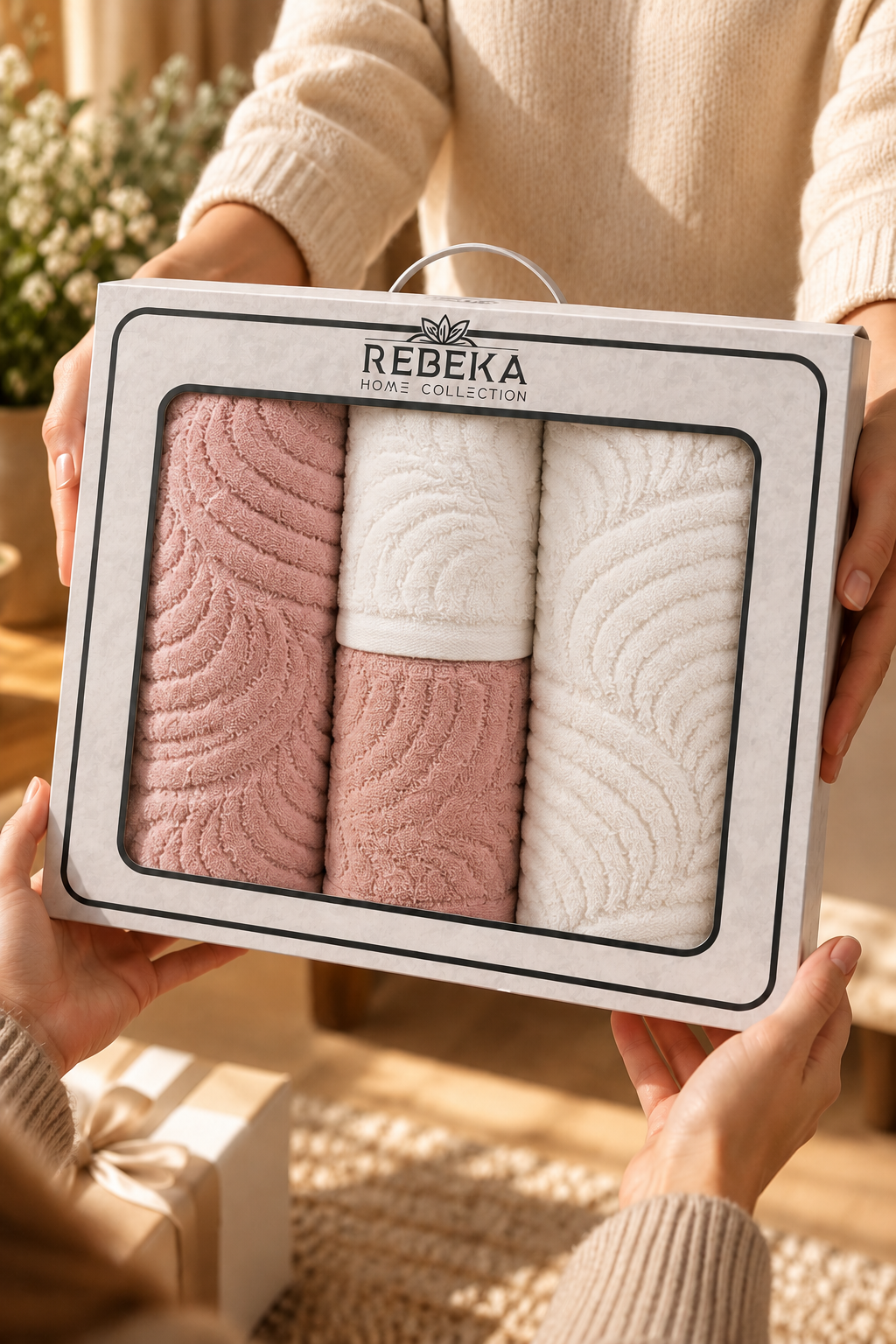 Sarmaşık Kısmi Kadife Hamam Seti Pudra Pembe - Krem – 4 parçalı kutulu havlu seti, ikinci görsel