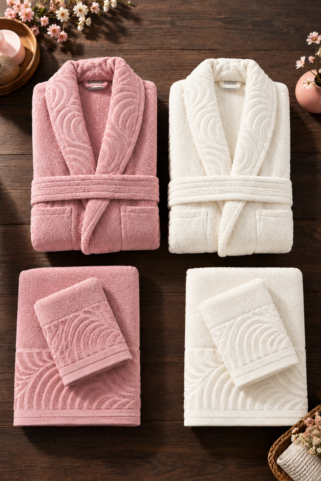 Sarmaşık Kısmi Kadife Aile Bornoz Seti Pembe - Krem – 6 parçalı set sunumu