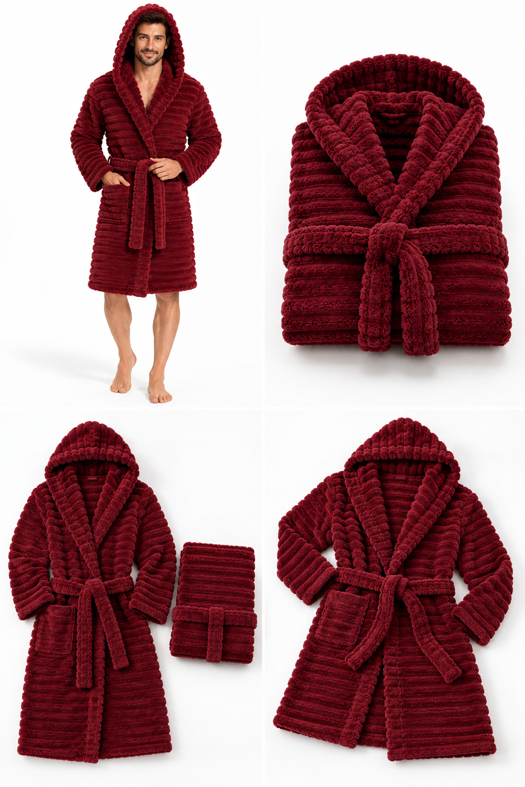 Weldoğa Bordo peluş welsoft kapüşonlu sabahlık - görsel 2